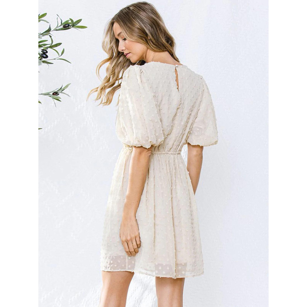 Ivory Swiss Dot Wrap Dress Puff Sleeve Elastic Waist Dress M - Picture 3 of 4